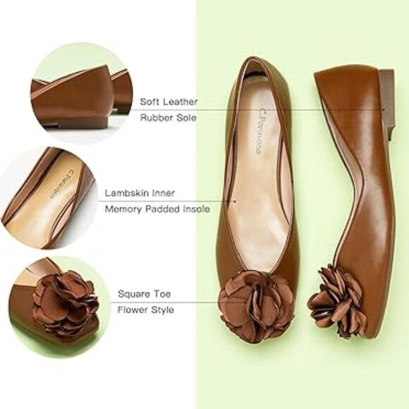 NWT - C. Paravano Eva - Square-toe Ballet Flats w/Flower Detail - Brown - Picture 4 of 6